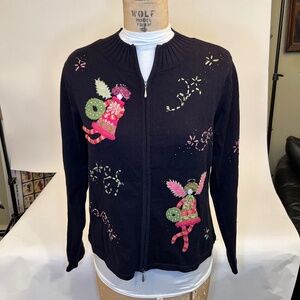 Talbots Sweater Black Full Zip Angel Fairy Mock Neck Long Sleeve Womens Large.